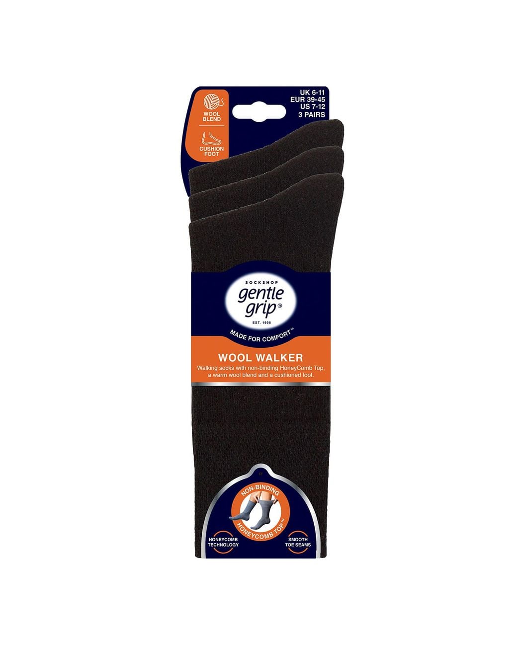 Gentle Grip Black 3 Pack Wool Boot Socks Warm Cushioned Hiking Crew for men