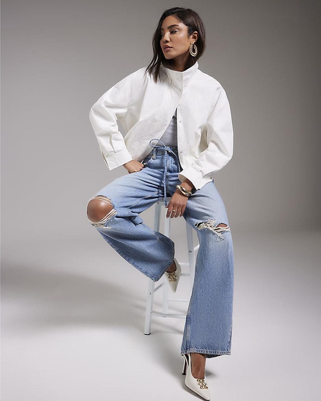 River Island Blue Wide Leg Jeans Ripped Drawstring Balloon Cotton