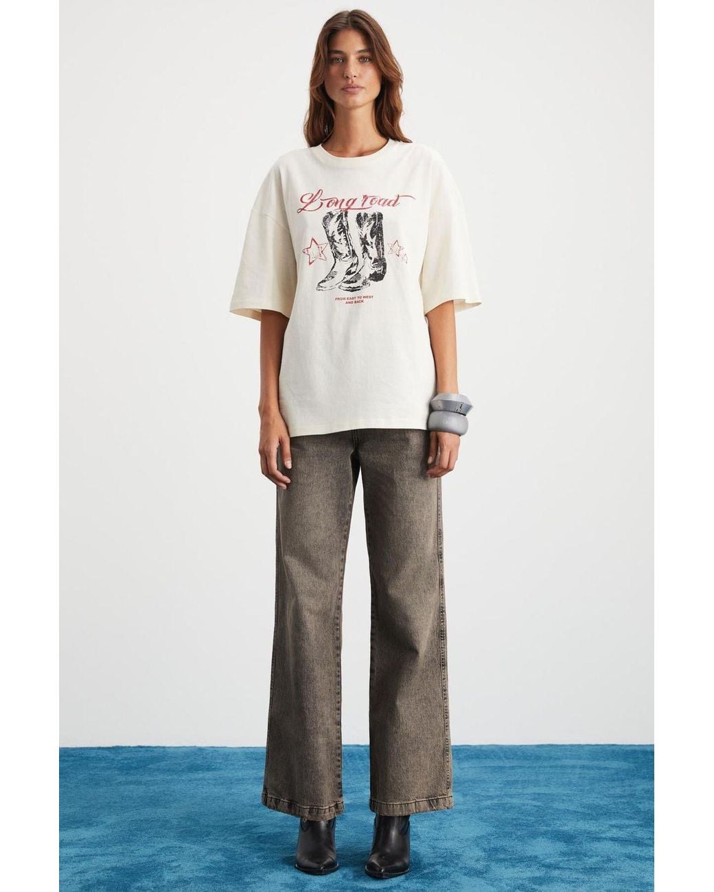 Grimelange White Printed Crew Neck T-Shirt