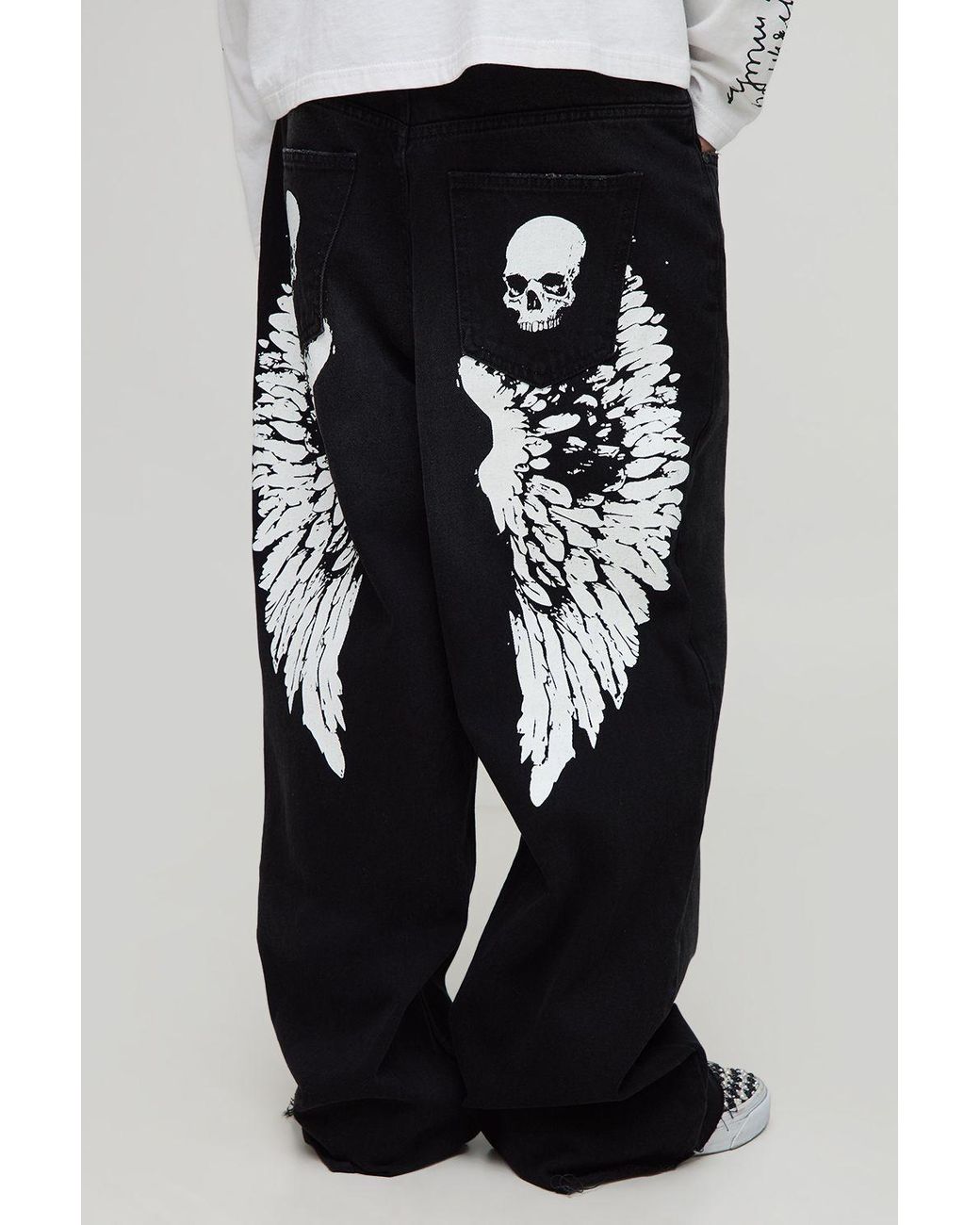 BoohooMAN Black Baggy Skater Angel Printed Denim Jeans for men