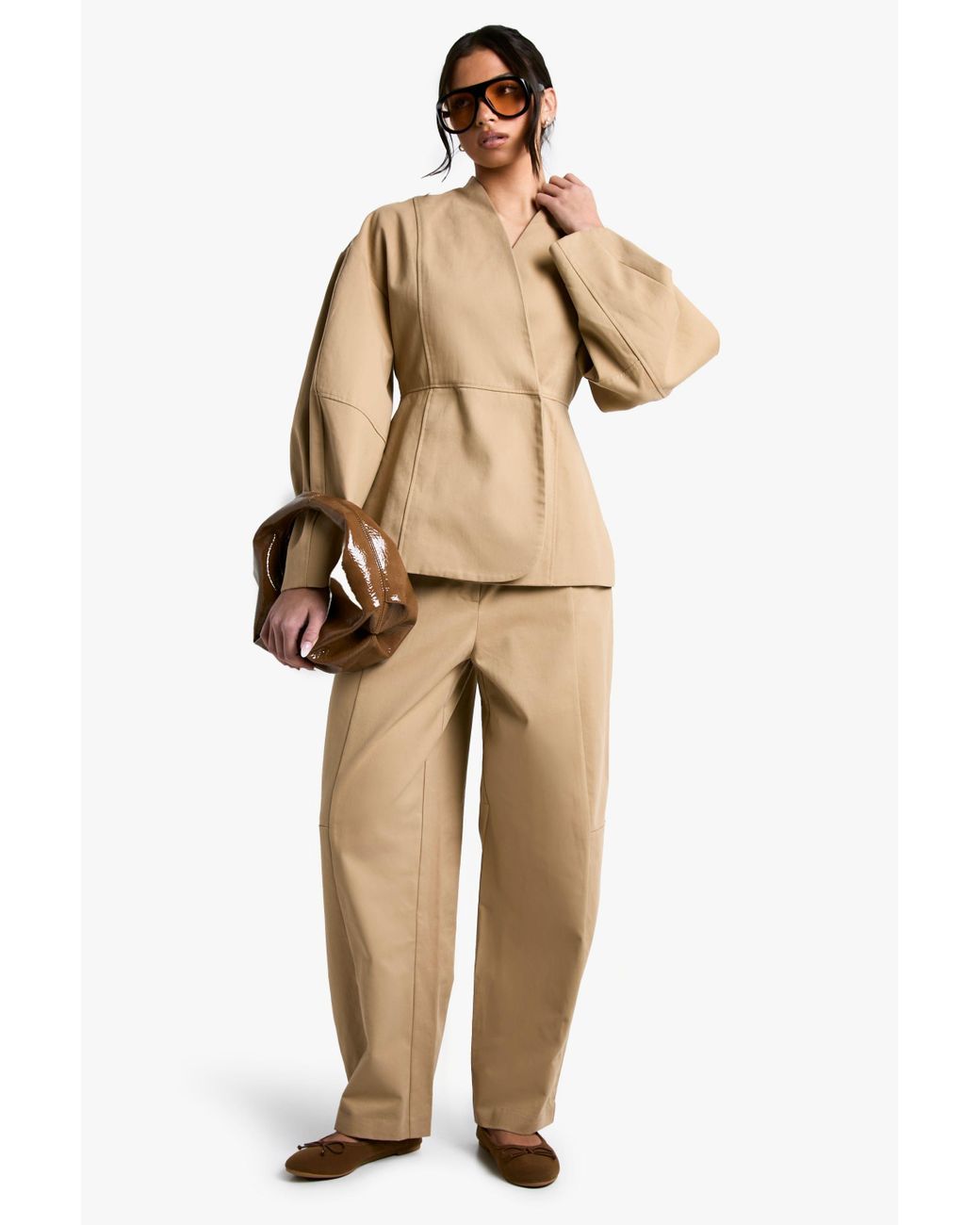 Boohoo Natural Tailored Twill Barrel Leg Pants