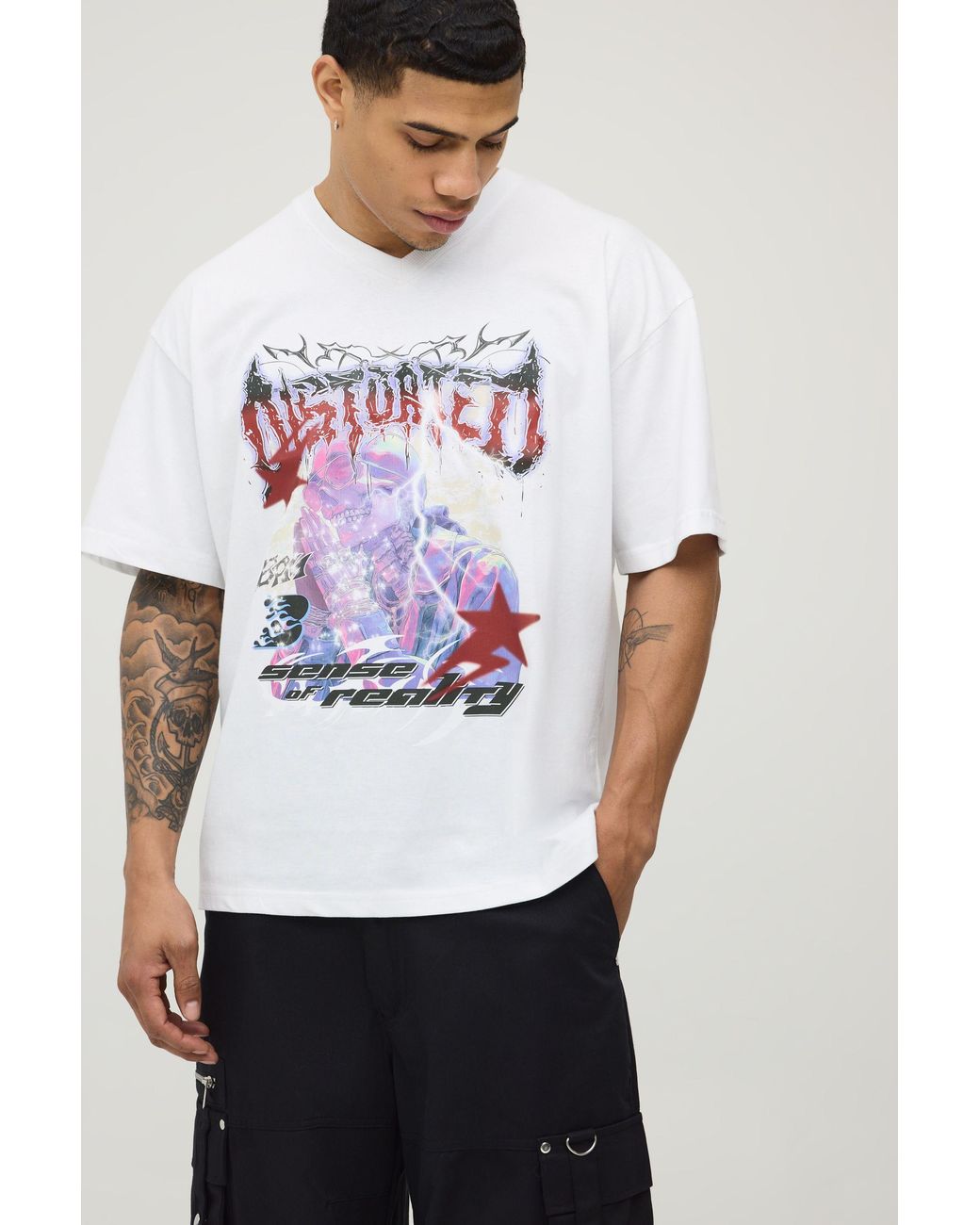 BoohooMAN White Oversized Distorted Graphic T-Shirt for men