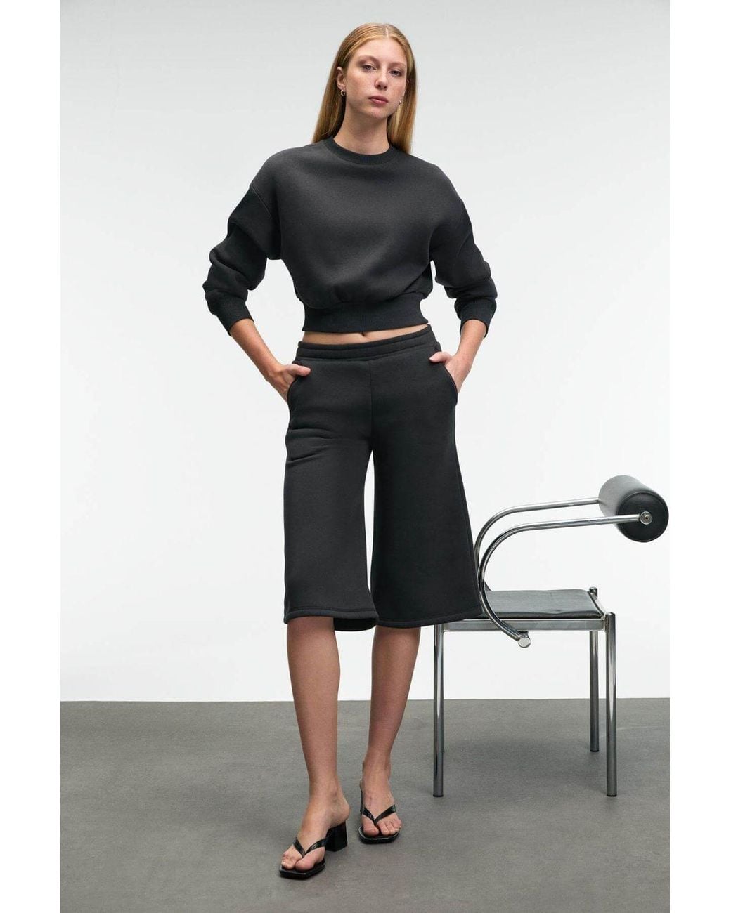 Grimelange Gray High Waist Wide Leg Sweat Shorts