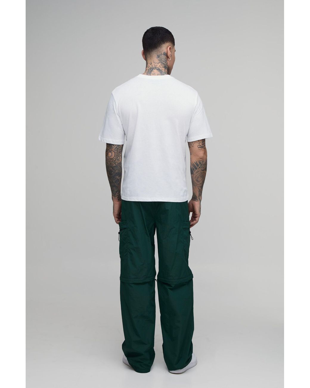 BoohooMAN Green Tall Baggy Fit Zip Off Cargo Utility Track Pants for men