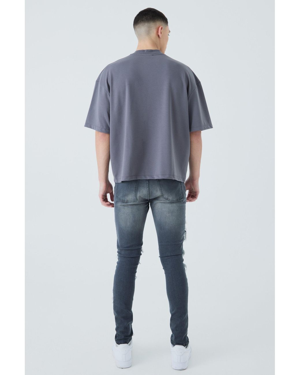 BoohooMAN Blue Super Skinny Biker Rip & Repair Paint Splatter Jeans for men