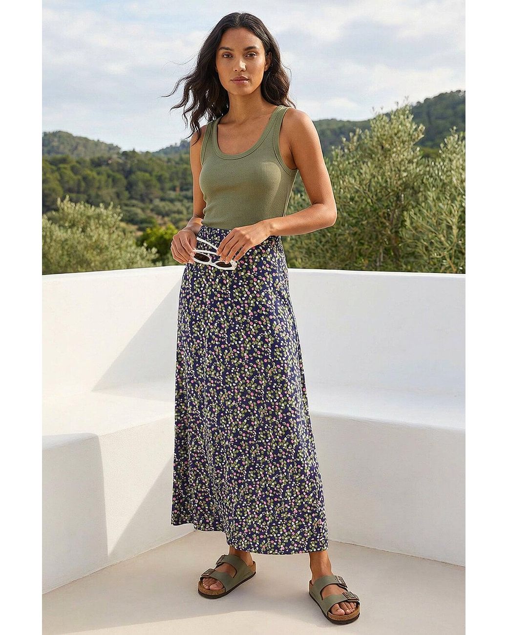 Roman Multicolor Leaf Print Stretch Midi Skirt