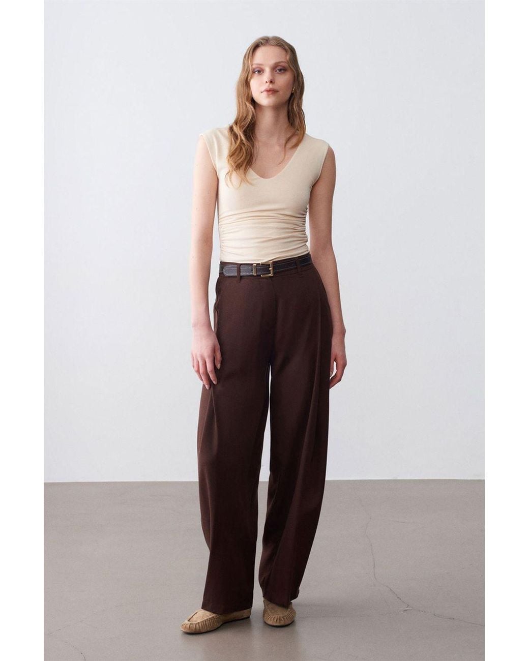 Dilvin Brown Pleated Wide-Leg Trousers