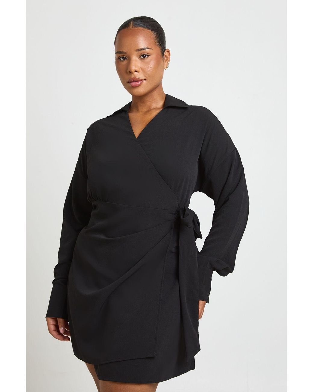 Boohoo Black Plus Wrap Side Ruched Shirt Dress