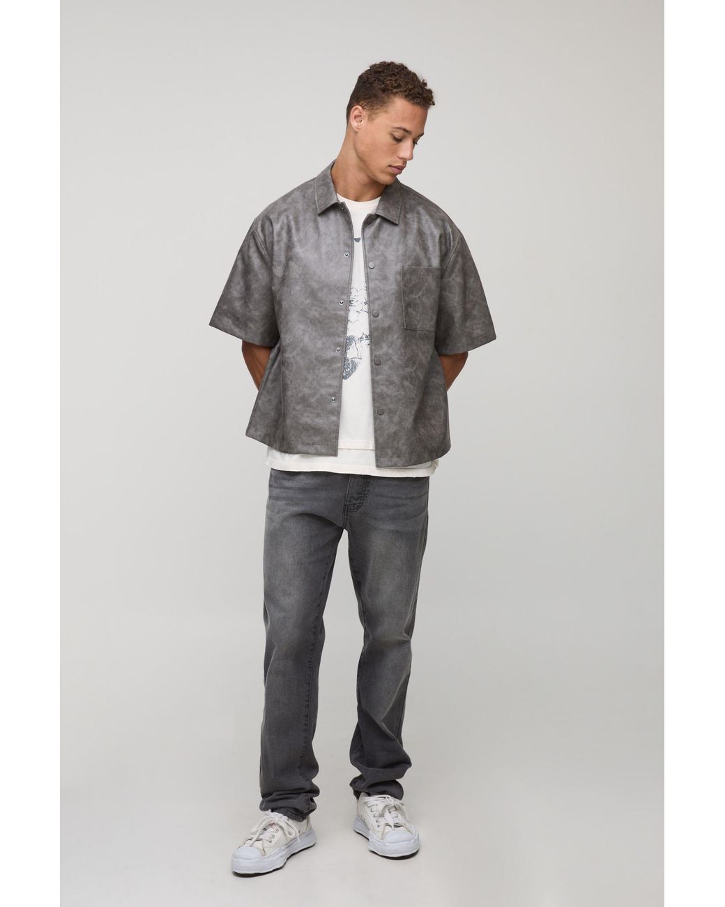 BoohooMAN Gray Tall Regular Fit Antique Pu Pocket Front Overshirt for men