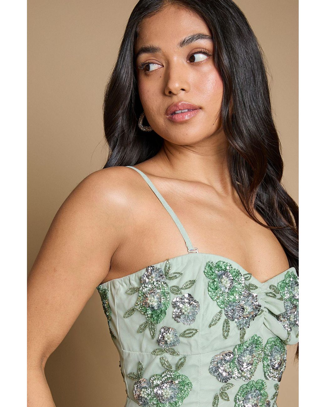 Oasis Green Petite Premium Trailing Floral Embellished Bandeau Midi Dress