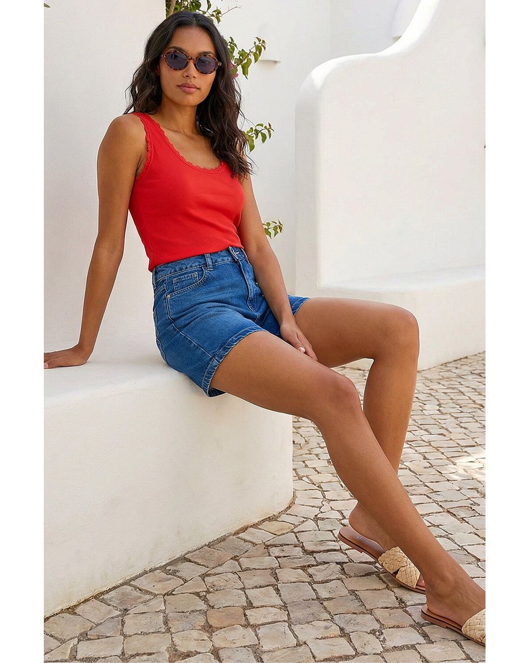 Roman Red Lace Trim Ribbed Vest