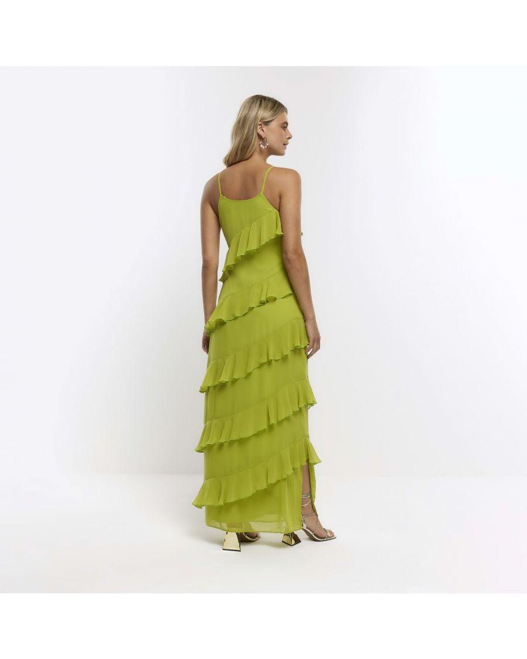 River Island Maxi Dress Lime Green Frill Sleeveless