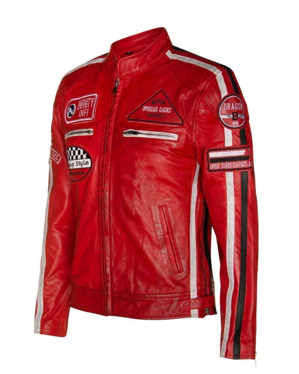 Infinity Leather Red Zipped Racing Biker Moto Jacket for men