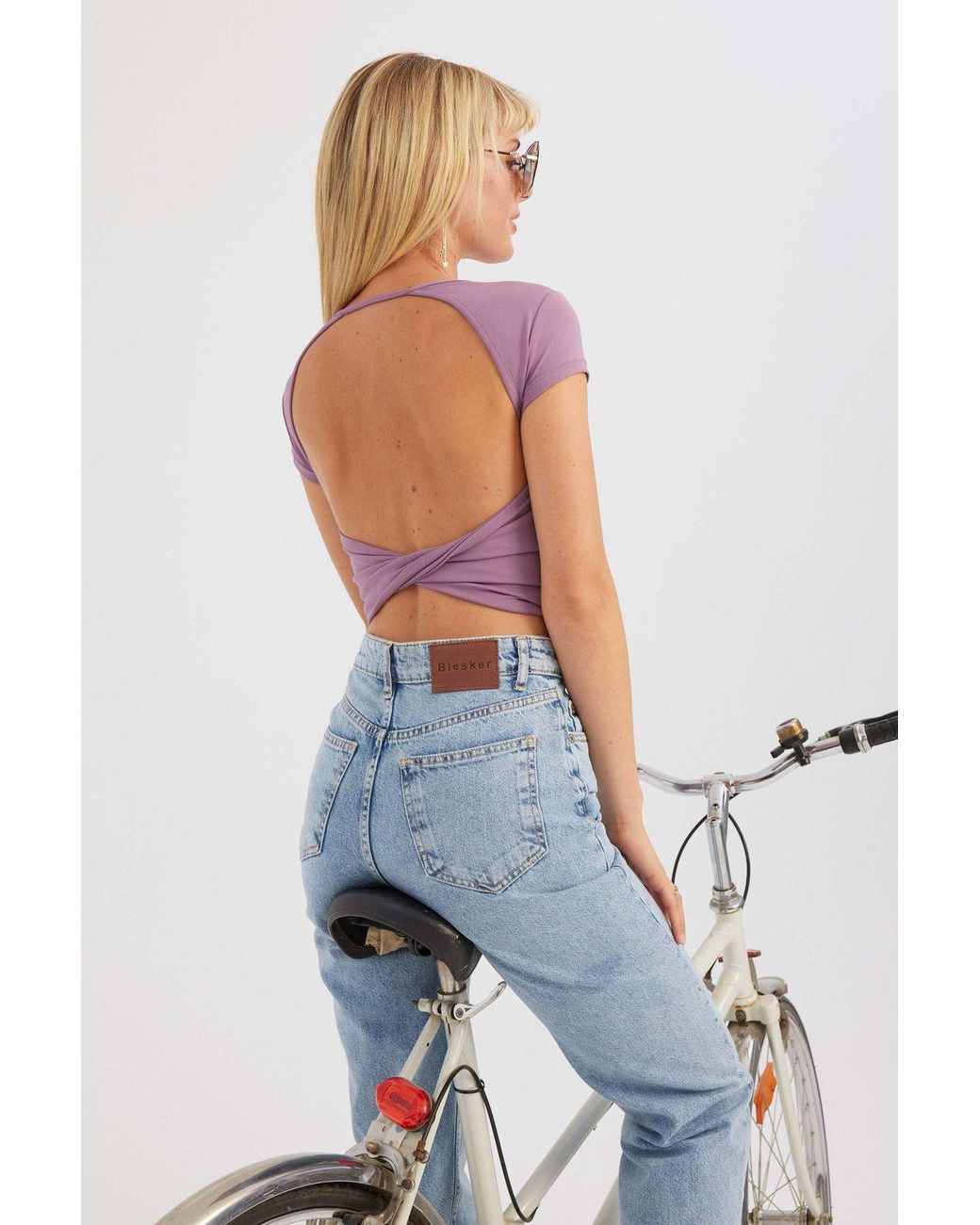 Hiccup Blue Round Neck Cross Back Short Sleeve Crop Top