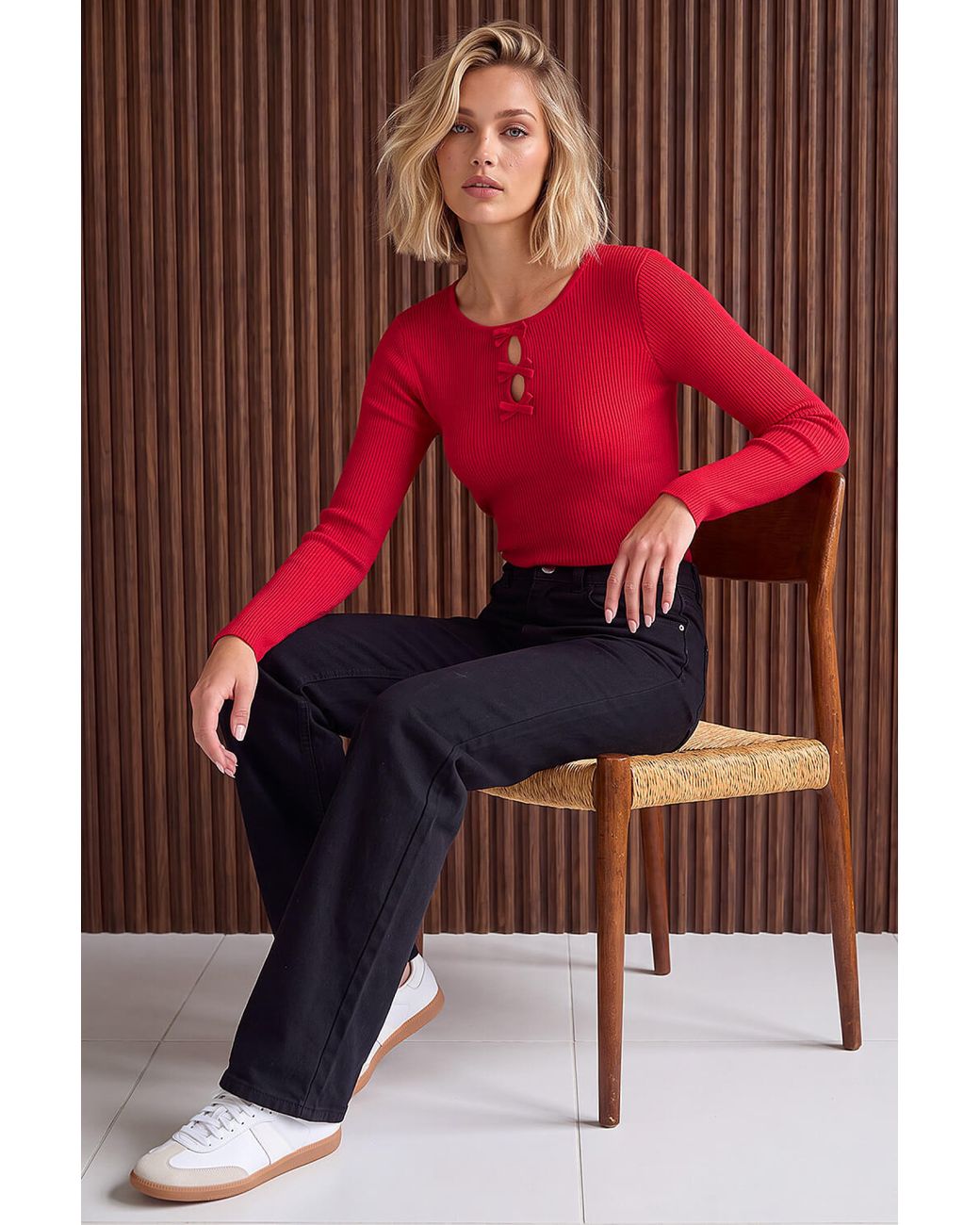 D.u.s.k Red Bow Knit Top
