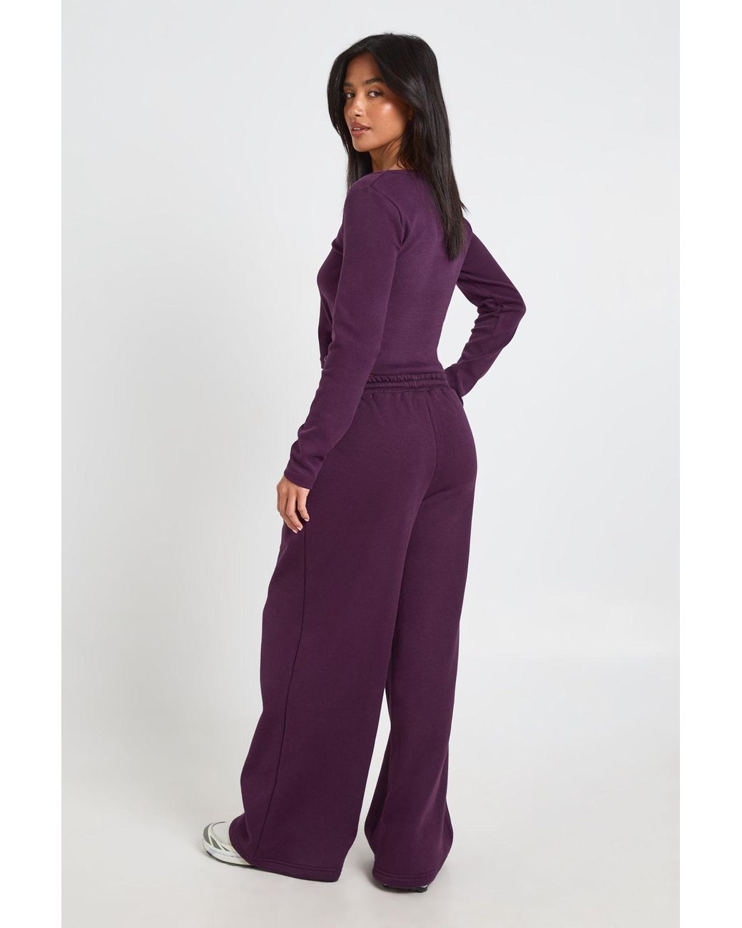 Boohoo Purple Petite Scoop Neck Long Sleeve Top And Straight Leg Jogger Tracksuit