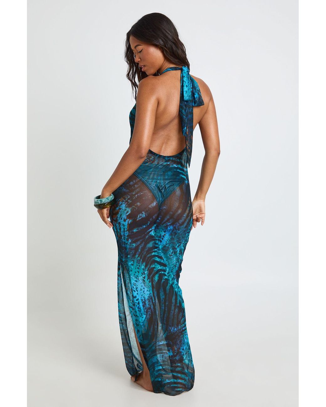 Boohoo Blue Abstract Print Sheer Mesh Plunge Maxi Beach Dress