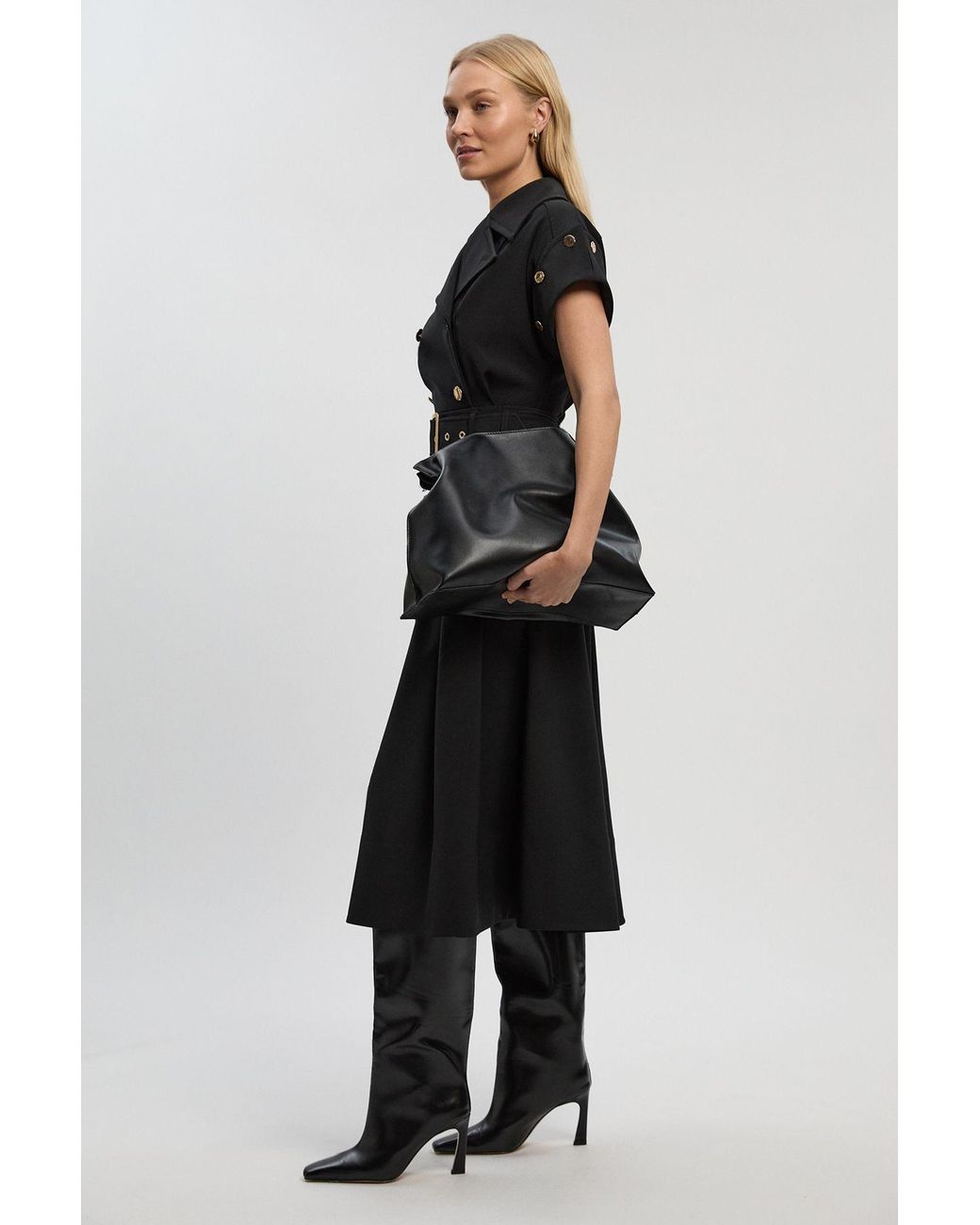 Karen Millen Black Polished Tailored Button Detail Pleated Midi Dress