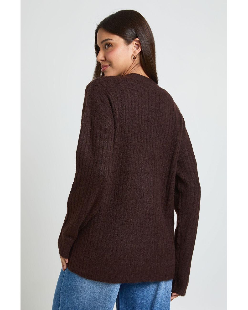 Boohoo Brown Rib Knit Boyfriend Cardigan