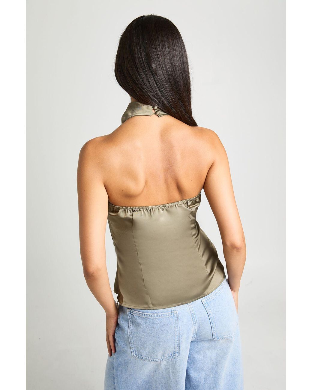Boohoo Green Satin High Cowl Neck Cami Top