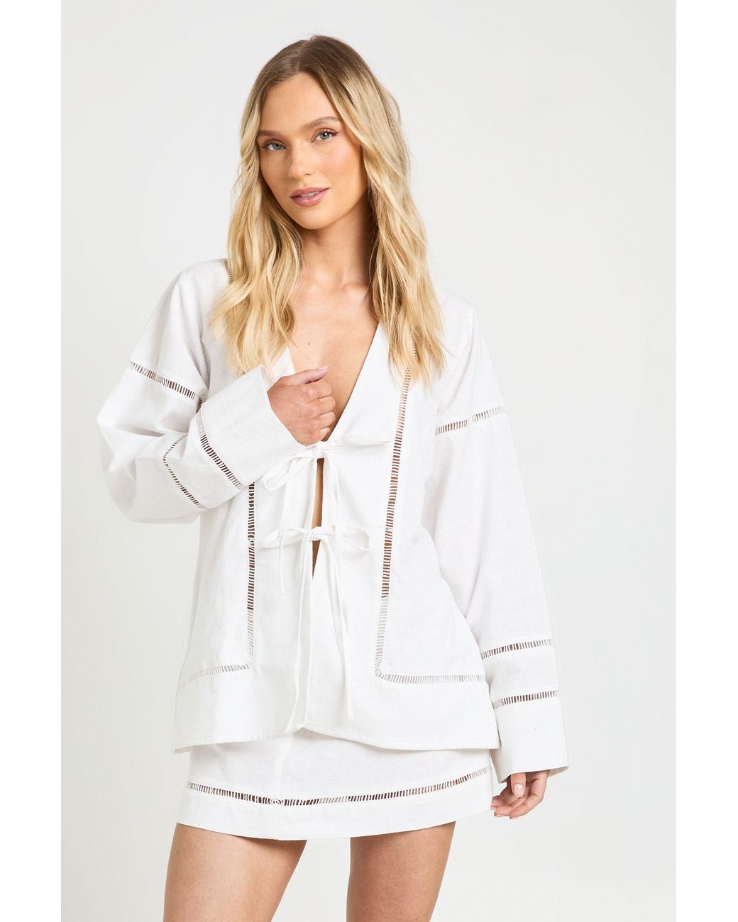 Boohoo White Petite Linen Ladder Insert Tie Front Shirt And Mini Skirt Co-Ord