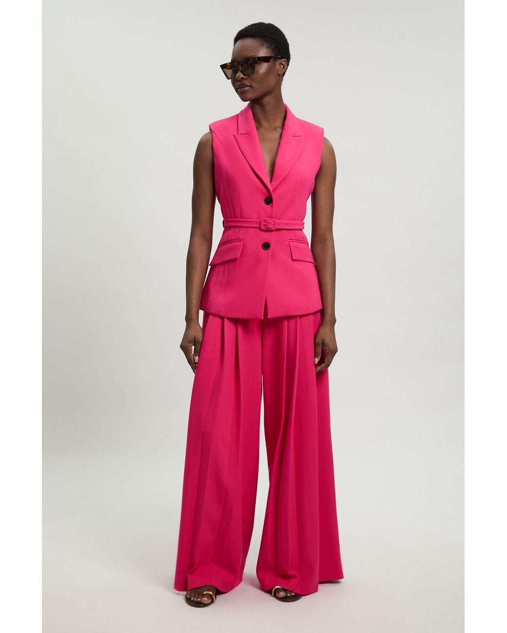 Karen Millen Pink Tailored Structured Crepe Belted Sleeveless Blazer