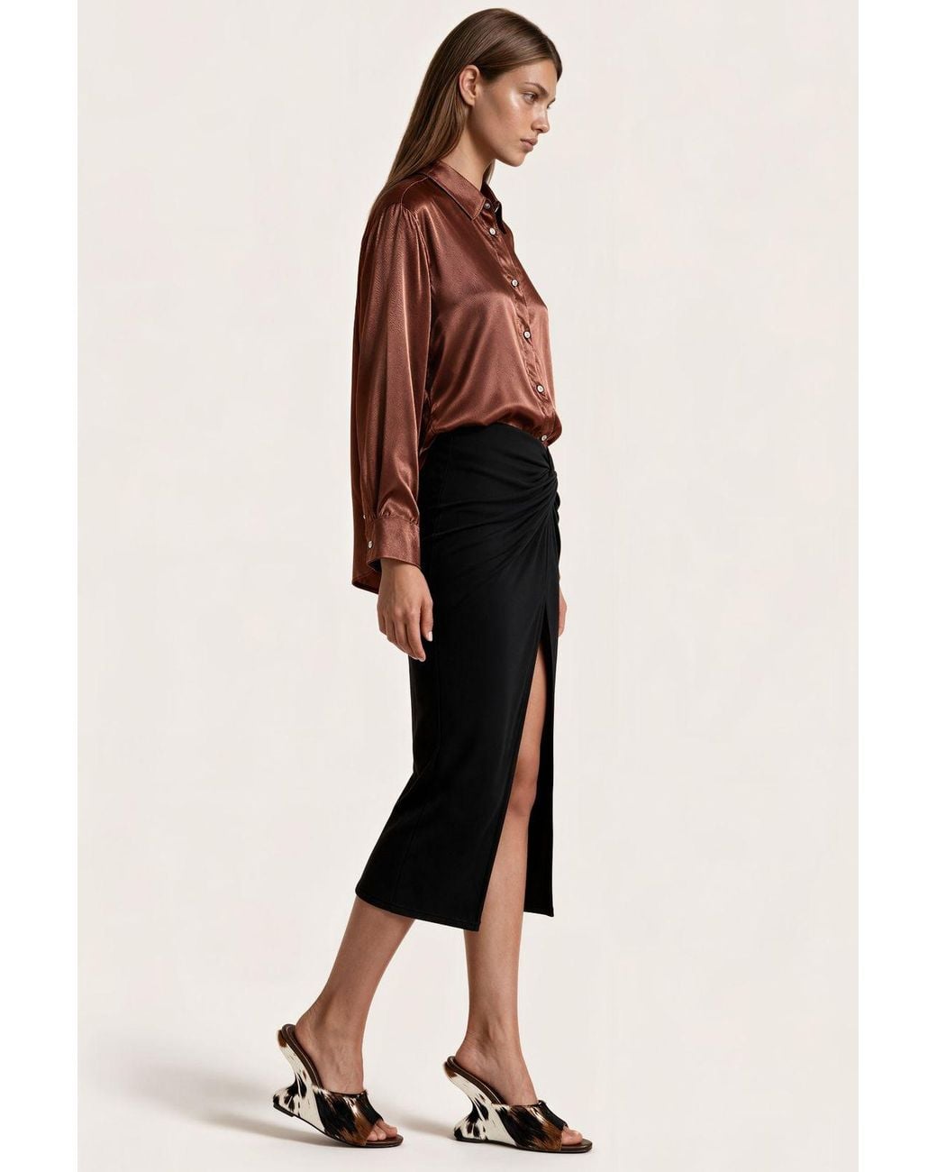 Msn-Collection Brown Solid Woven Shirt-Collar T-Shirt