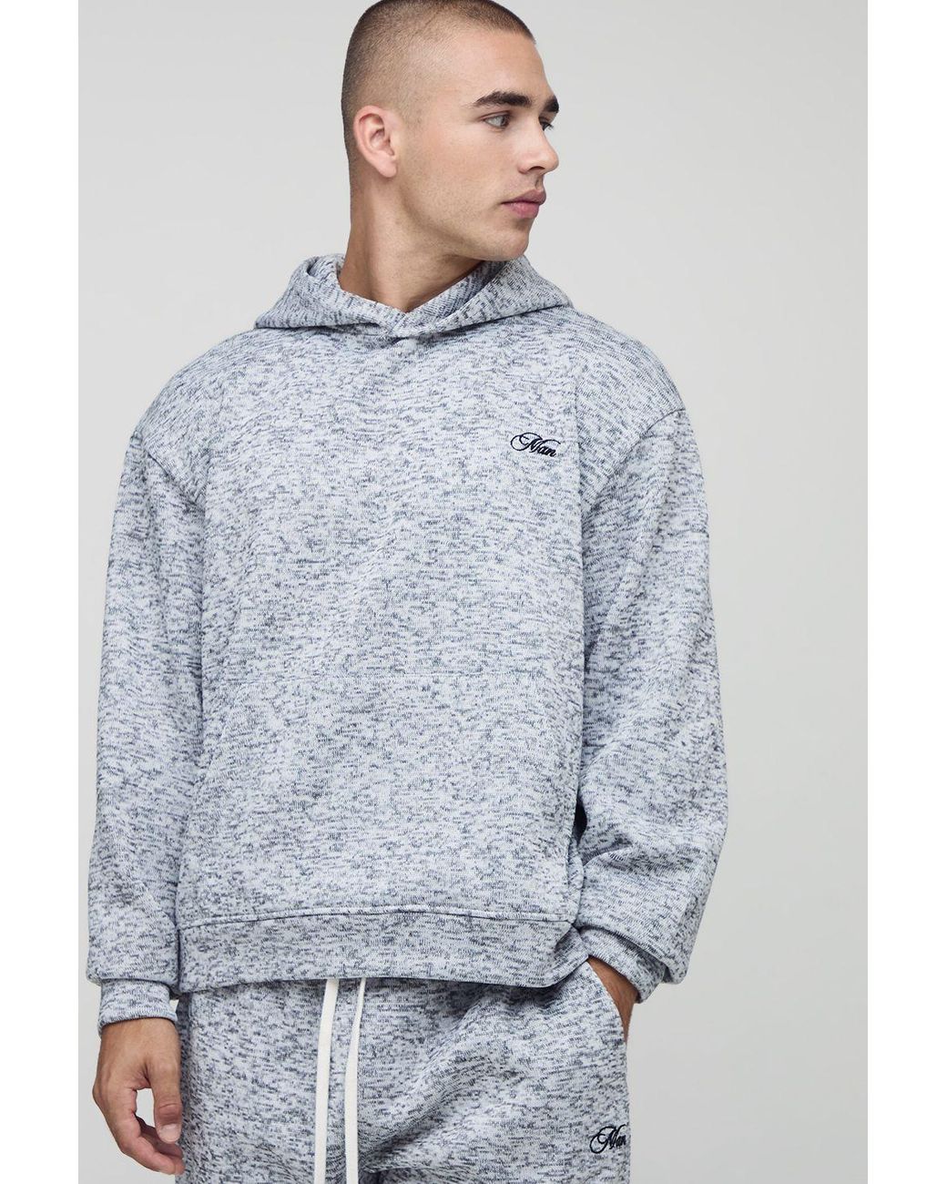 BoohooMAN Gray Oversized Boxy Official Embossed Marl Hoodie for men