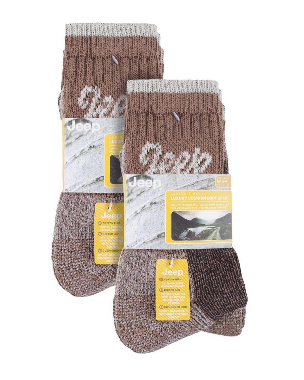 Jeep Brown 6 Pair Multipack Ladies Cotton Breathable Padded Hiking Socks