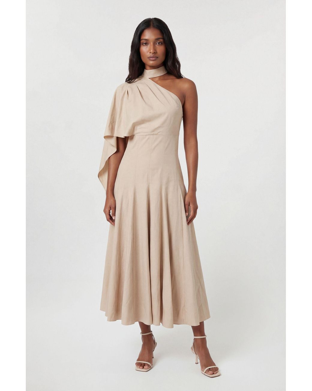 Karen Millen Natural Premium Tailored Linen High Neck One Shoulder Full Midi Dress