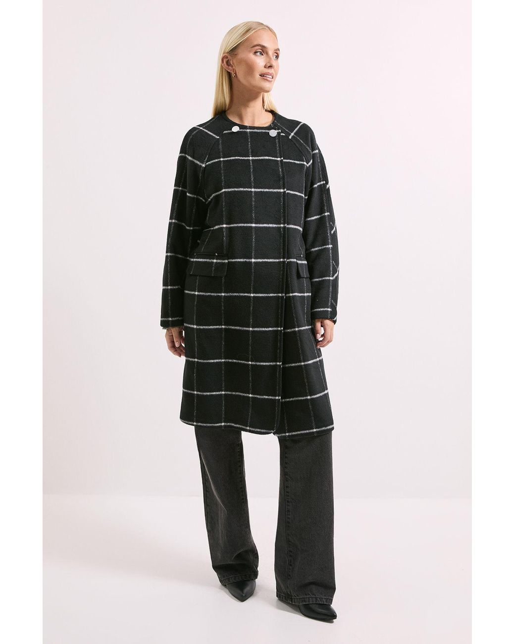 PRINCIPLES Black Collarless Check Double Faced Coat