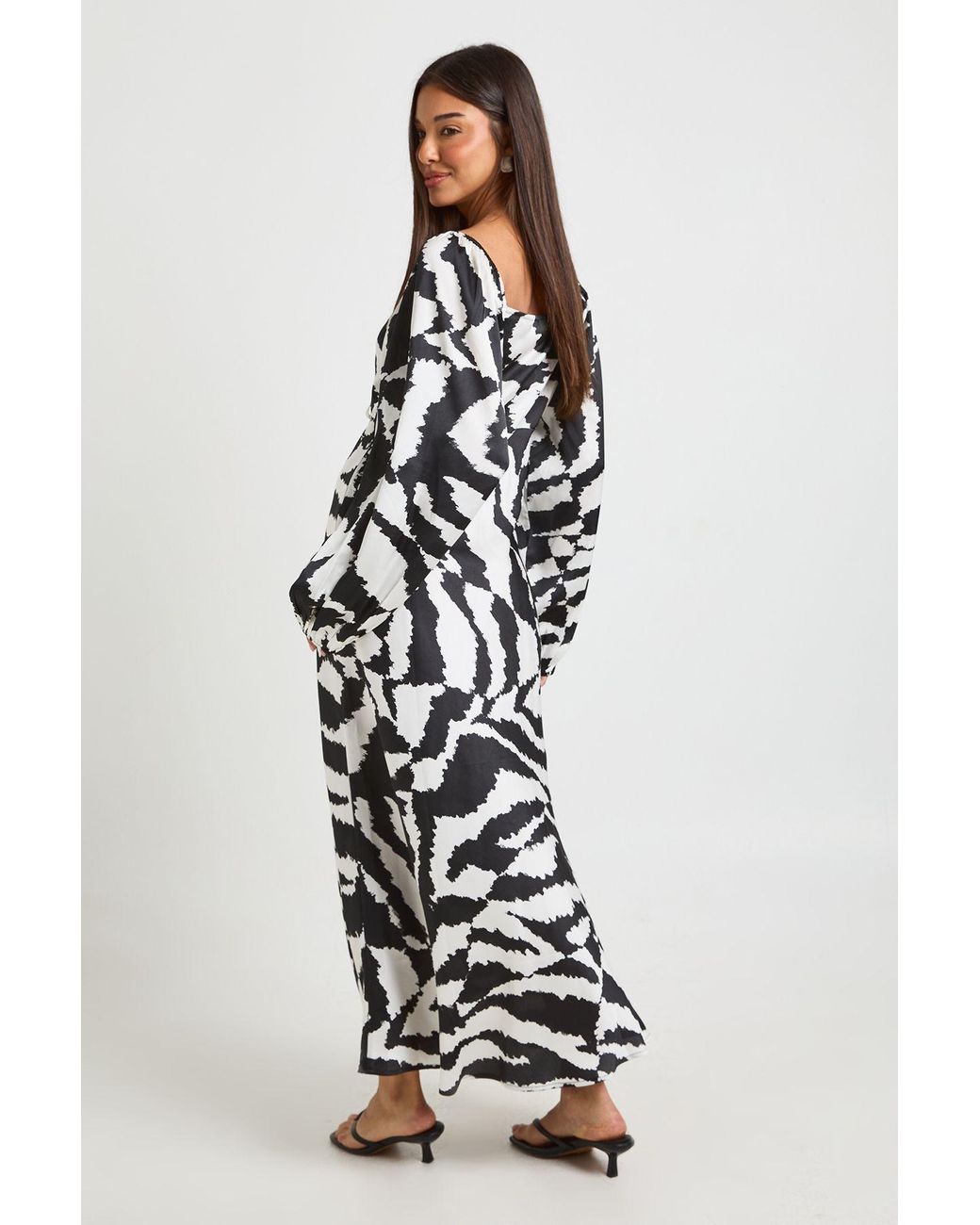 Boohoo White Mixed Animal Volume Sleeve Satin Midaxi Dress