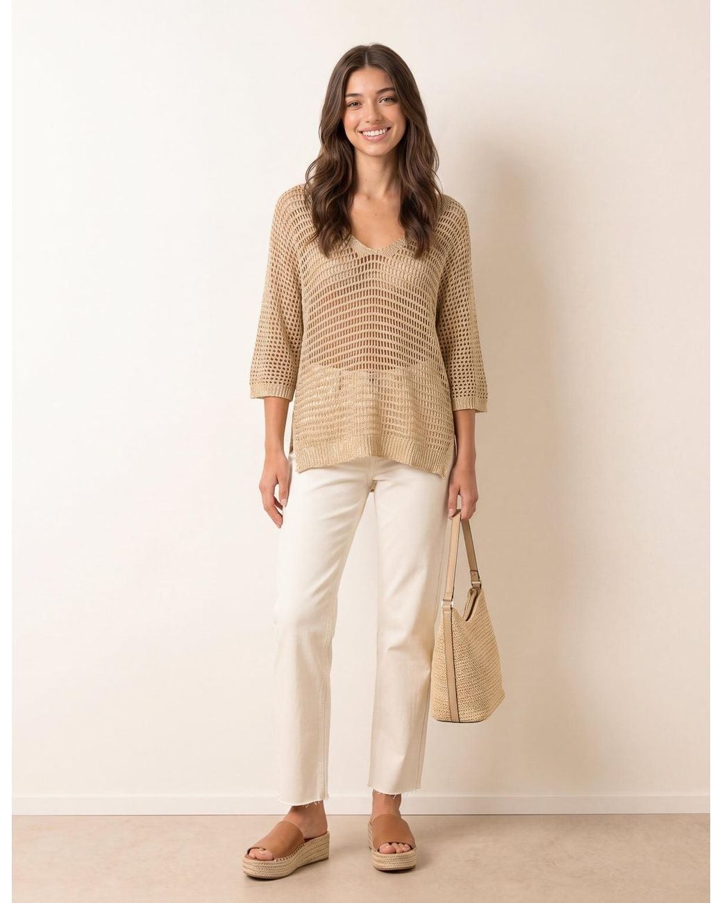 Blue Vanilla Natural Metallic Crochet V Neck Top