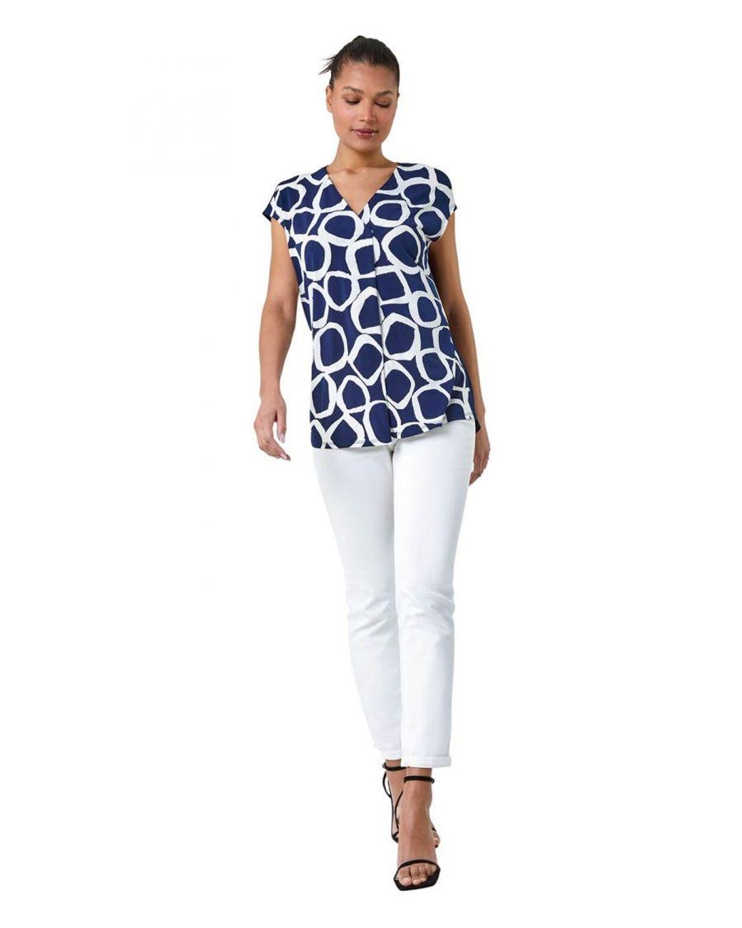 Roman Blue Circle Ring Print V-Neck Stretch Top