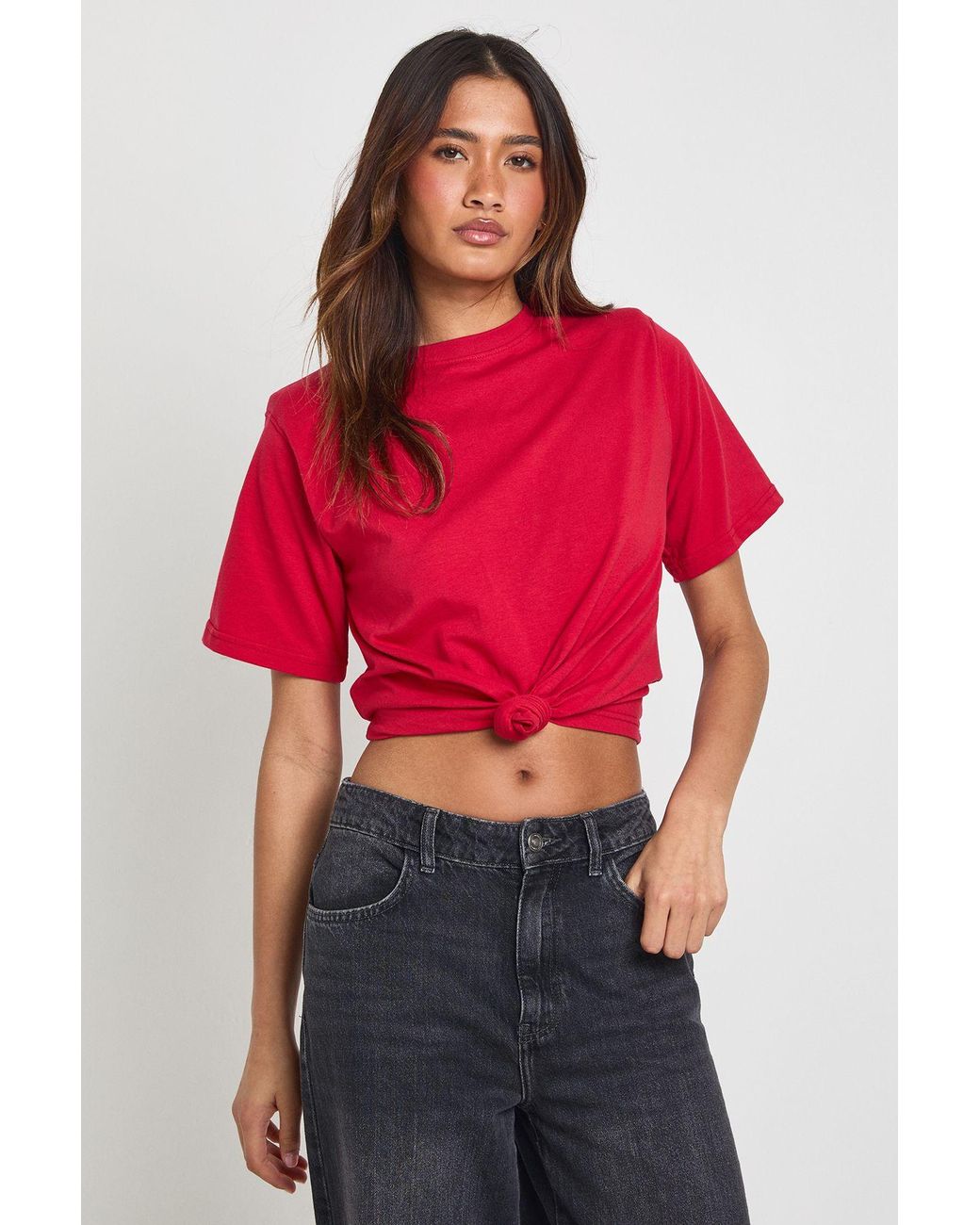 Boohoo Red Shoulder Pad Knot Hem T-Shirt