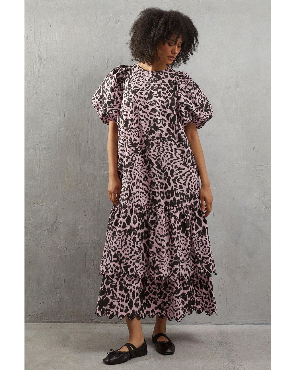 Warehouse Poplin Leopard Print Volume Sleeve Scallop Detail Smock