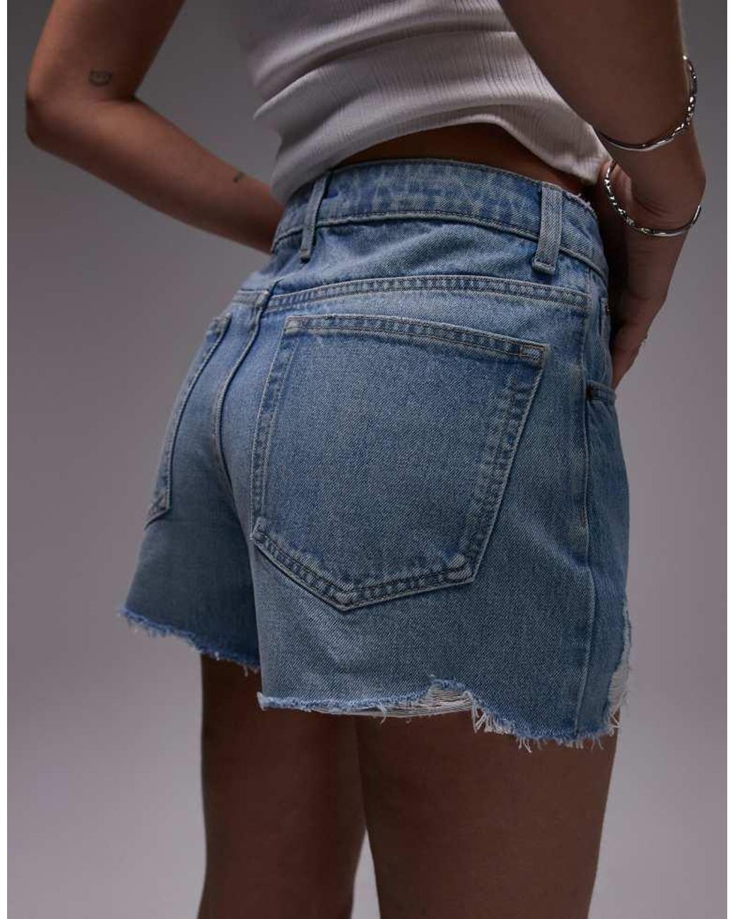 TOPSHOP Gray Denim A-Line Mom Shorts With Rip