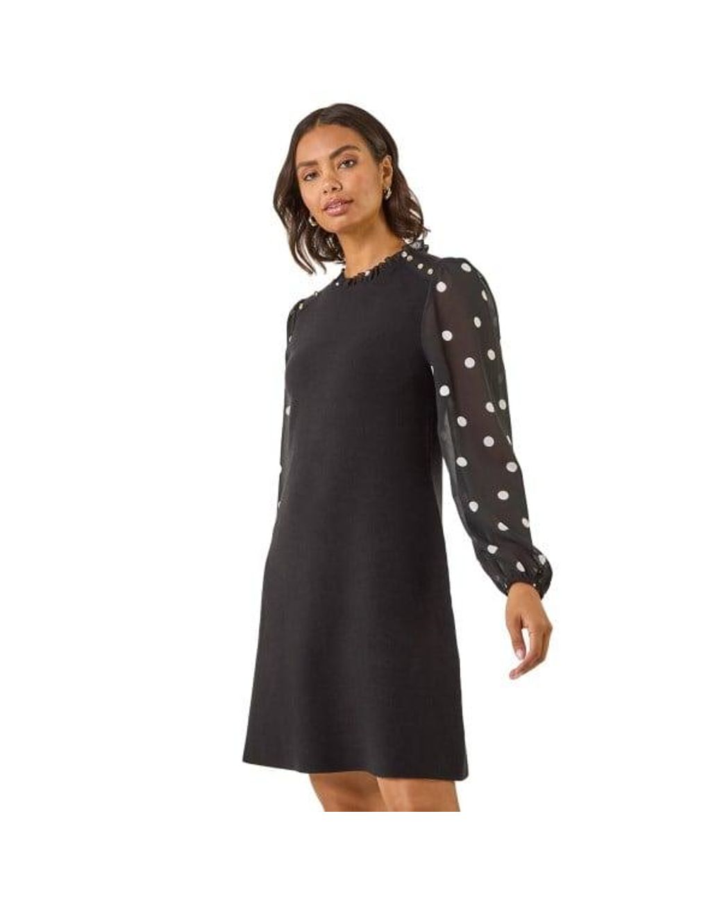 Roman Black Spot Print Frill Knitted Dress