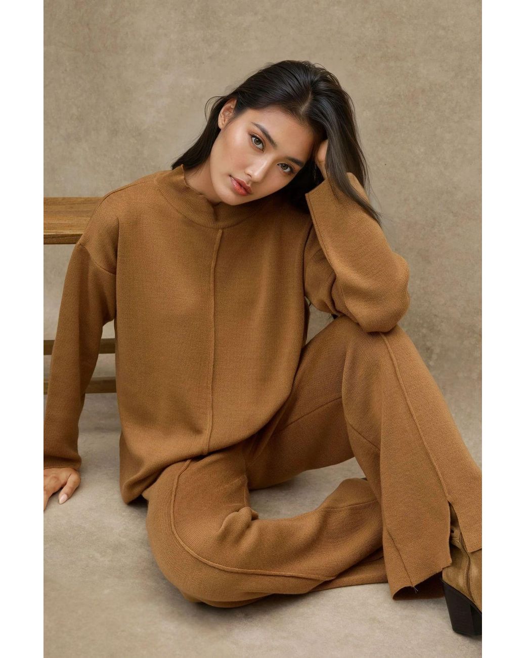 Hiccup Brown Long Sweater & High Waist Wide Leg Knit Co-Ord Set