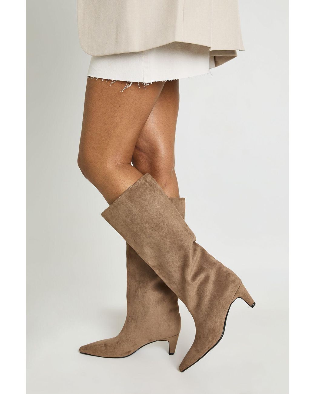 Boohoo Gray Kitten Heel Pull On Column Boots