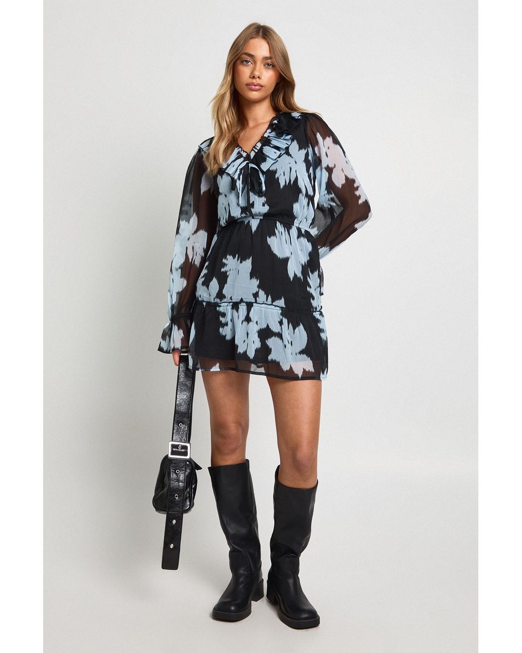 Boohoo Brown Floral Chiffon Tiered Smock Dress