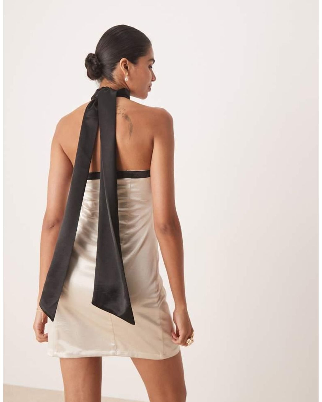 Amy Lynn Natural Contrast Halter Neck Satin Mini Dress