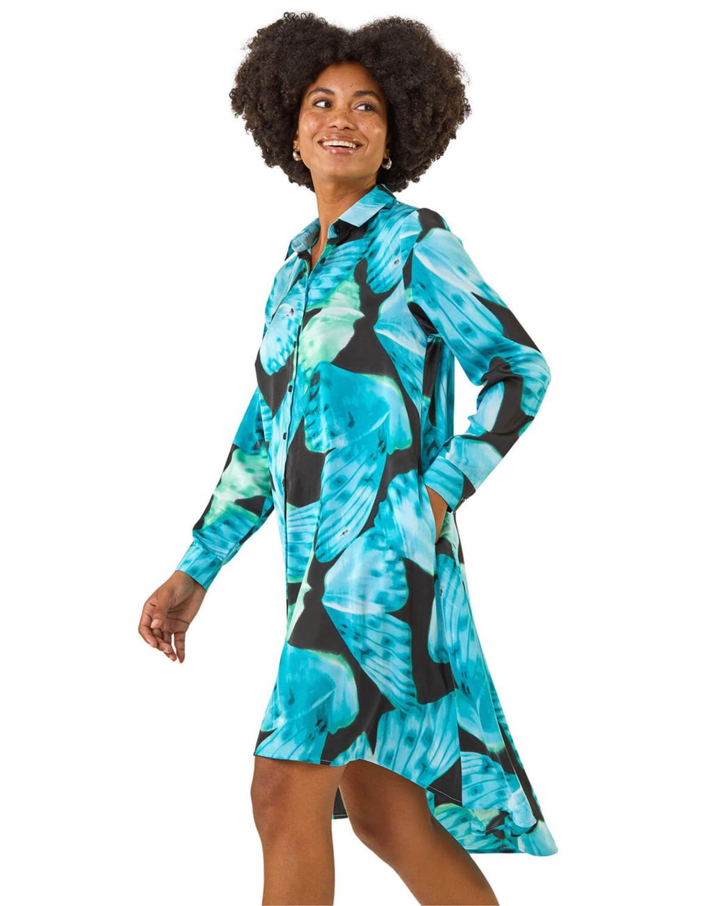 Roman Blue Abstract Print High Low Shirt Dress