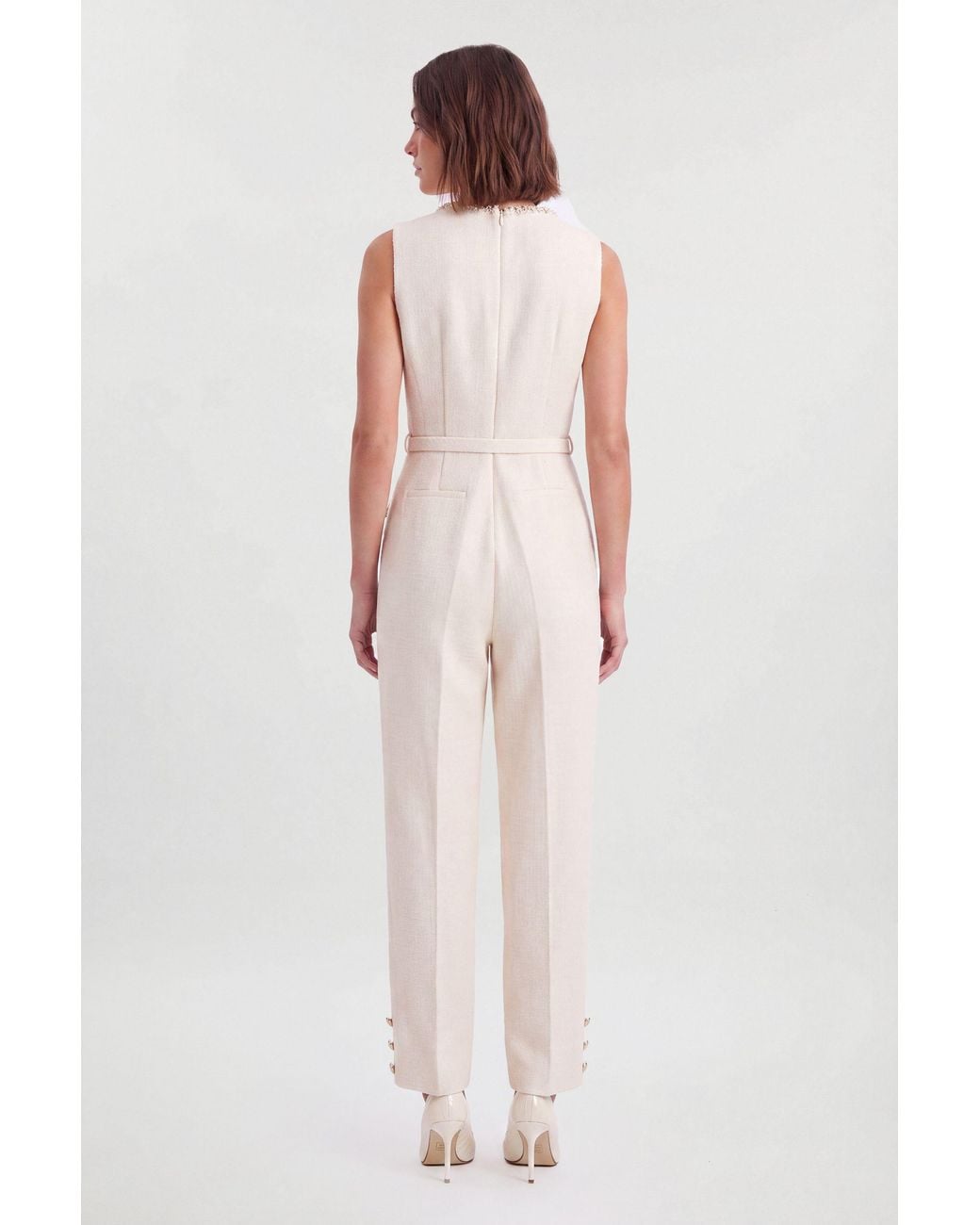 Karen Millen Natural Tweed Embellished Trim Tailored Wide Leg Jumpsuit