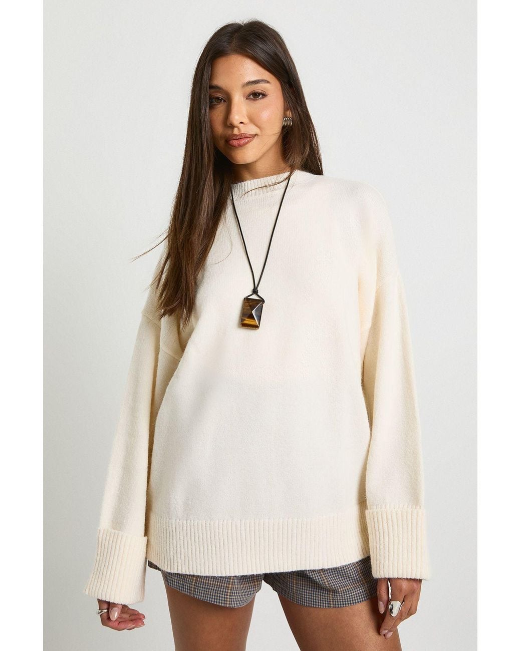 Boohoo White Super Soft Turn Up Cuff Oversized Knitted Jumper