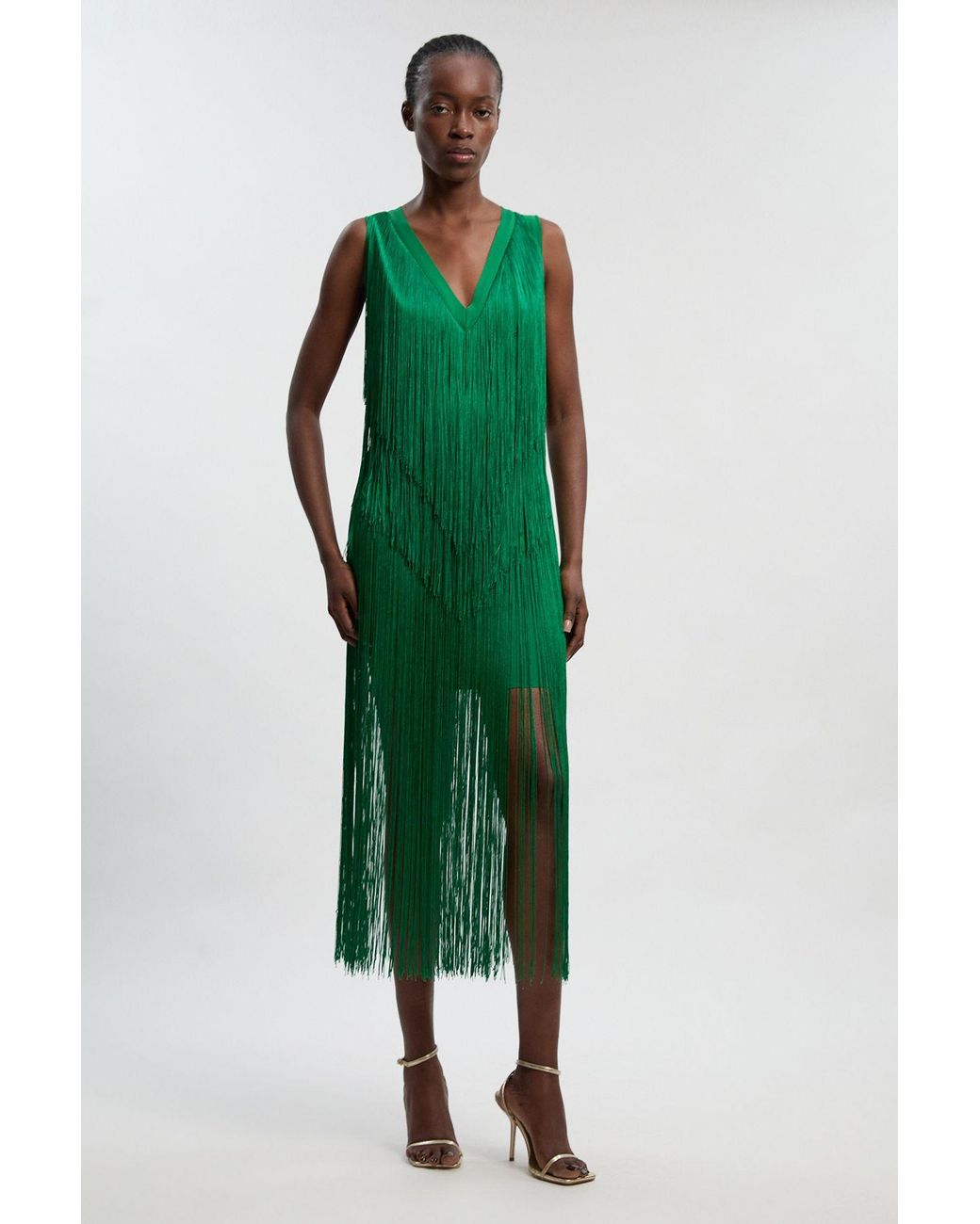 Karen Millen Green Petite Fringe Bandage V Neck Knit Midi Dress