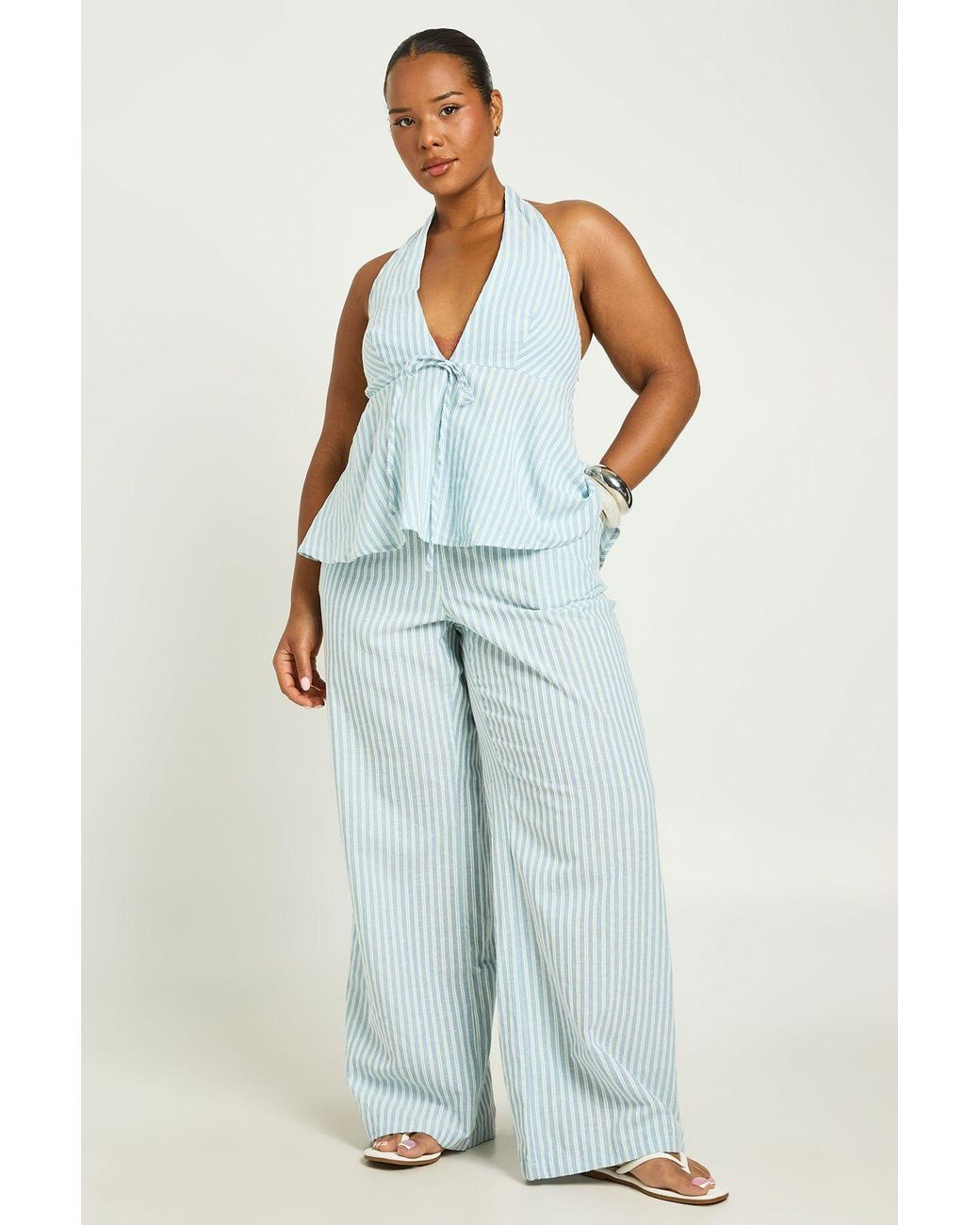 Boohoo Blue Plus Stripe Elasticated Wiast Wide Leg Trouser