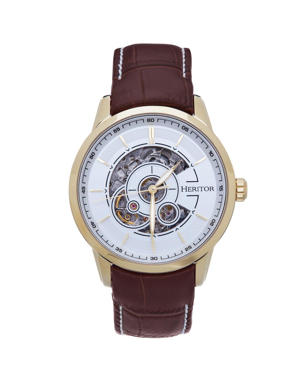 Heritor Metallic Davies Semi-Skeleton Leather-Band Watch for men