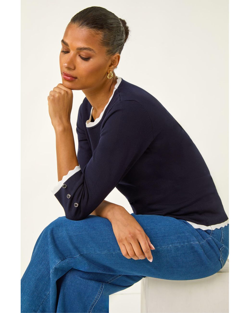 Roman Blue Scallop Neck Button Knit Jumper