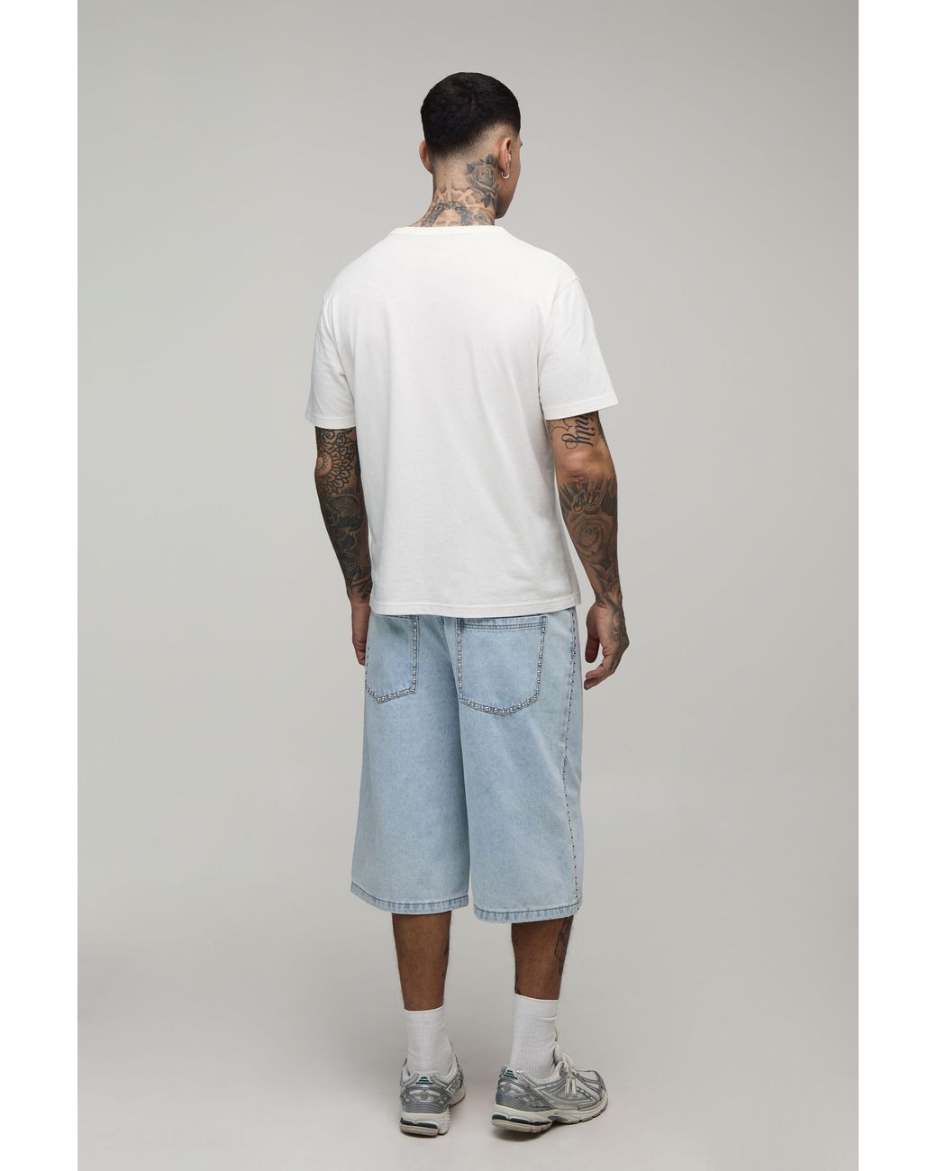 BoohooMAN Blue Tall Studded Longline Jorts for men
